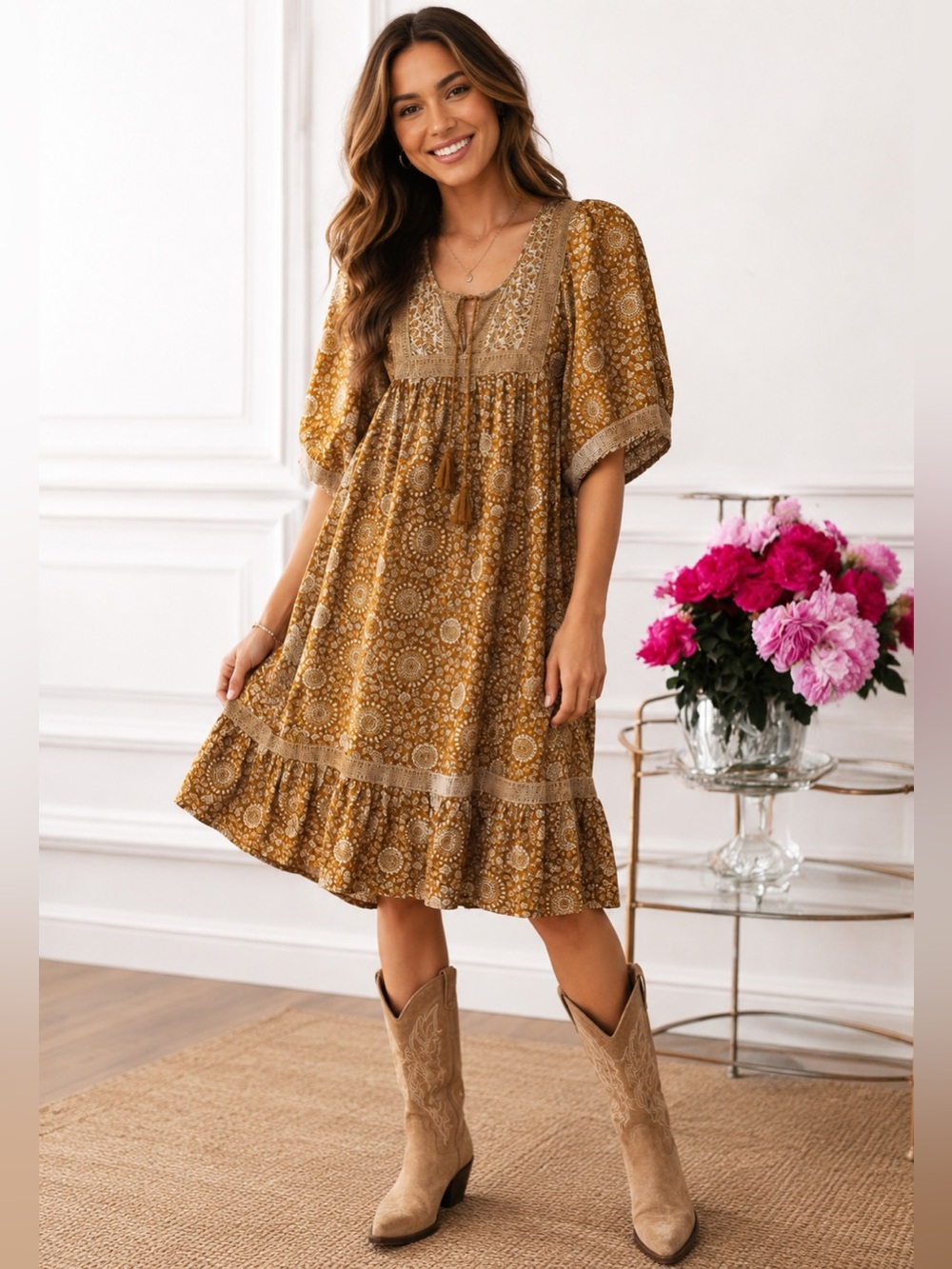 Old Navy Gold Patterned Midi Dress so cute great with boots or sandles